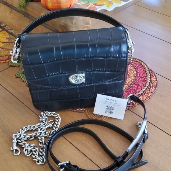 New Coach Cassie 19 Croc Embossed Crossbody Handbag in Black CP138 - Picture 1 of 10